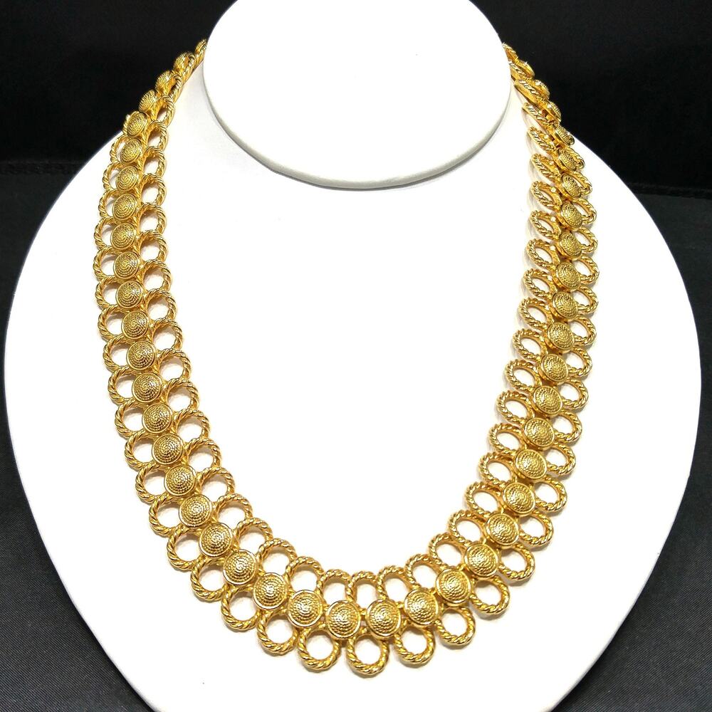 Vintage Gold Plated Wide Necklace, 18", Looped Button Style, Chunky 1980s